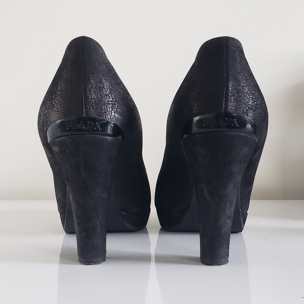 Prada Black Suede Heels w/ Lug Sole & Brand Embossed Heel Nameplate Inc. Dustbag